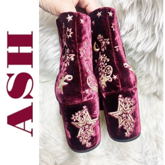ASH Elixir Burgundy Velour Chunky Heel Bootie Gold Stars & Moons, Size 40 - Picture 1 of 14